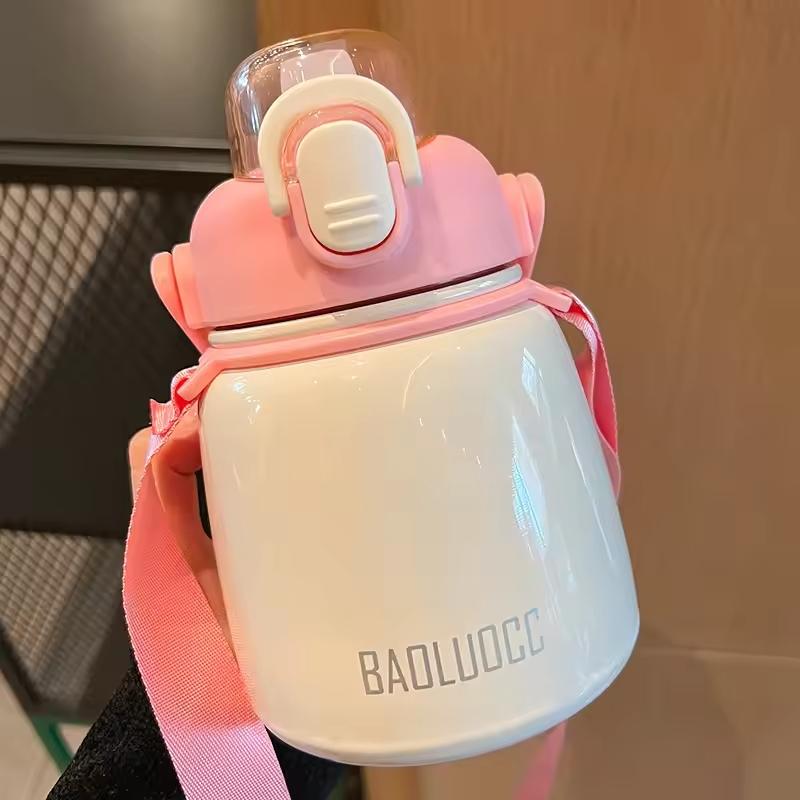 

650 мл Двойная термокружка из нержавеющей стали с соломинкой Портативные вакуумные термосы с ремешком Модная милая термобутылка Тамблер розовый