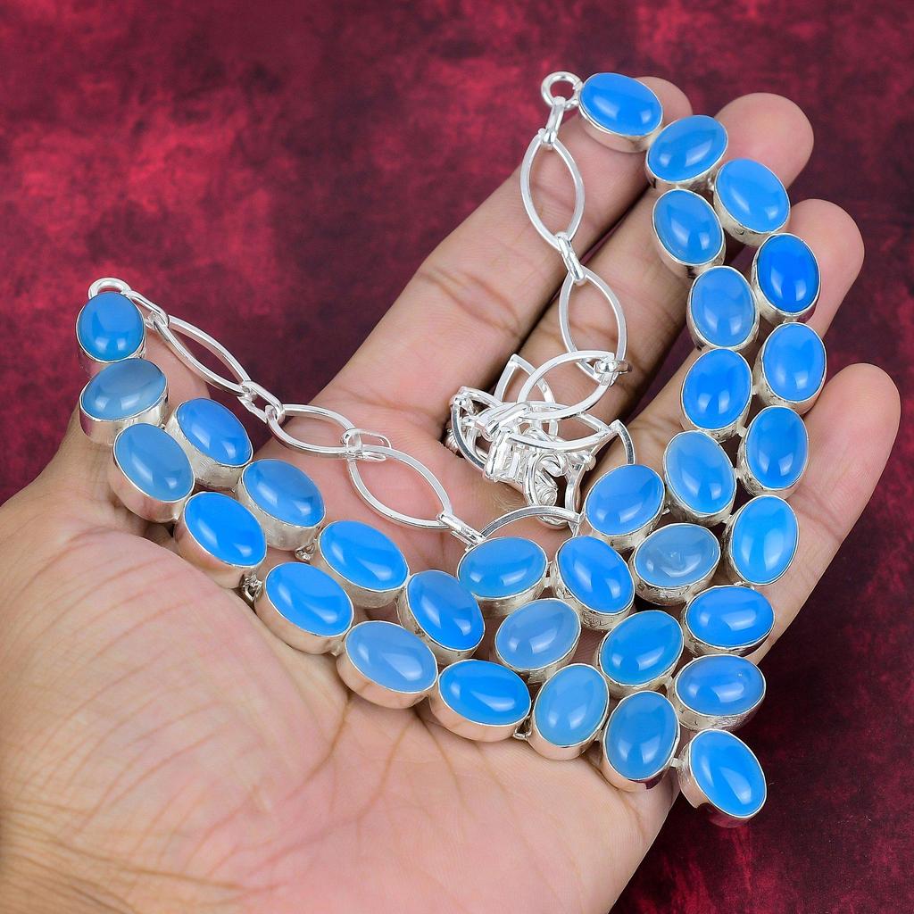 Blue Chalcedony Handmade Gemstone Necklace, 925 Solid Sterling Silver Necklace Antique Jewelry, For Thanksgiving