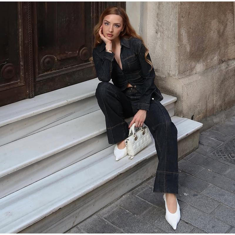Elegant Denim Solid Color Top Pants Set Women Lapel Single Breasted Pockets Jacket Straight Loose Jeans 2025 Spring Street Fashion Set