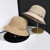 Elegant Knitted Cloche Hat with Leather Buckle Strap Summer Sun Protection Hat for Women