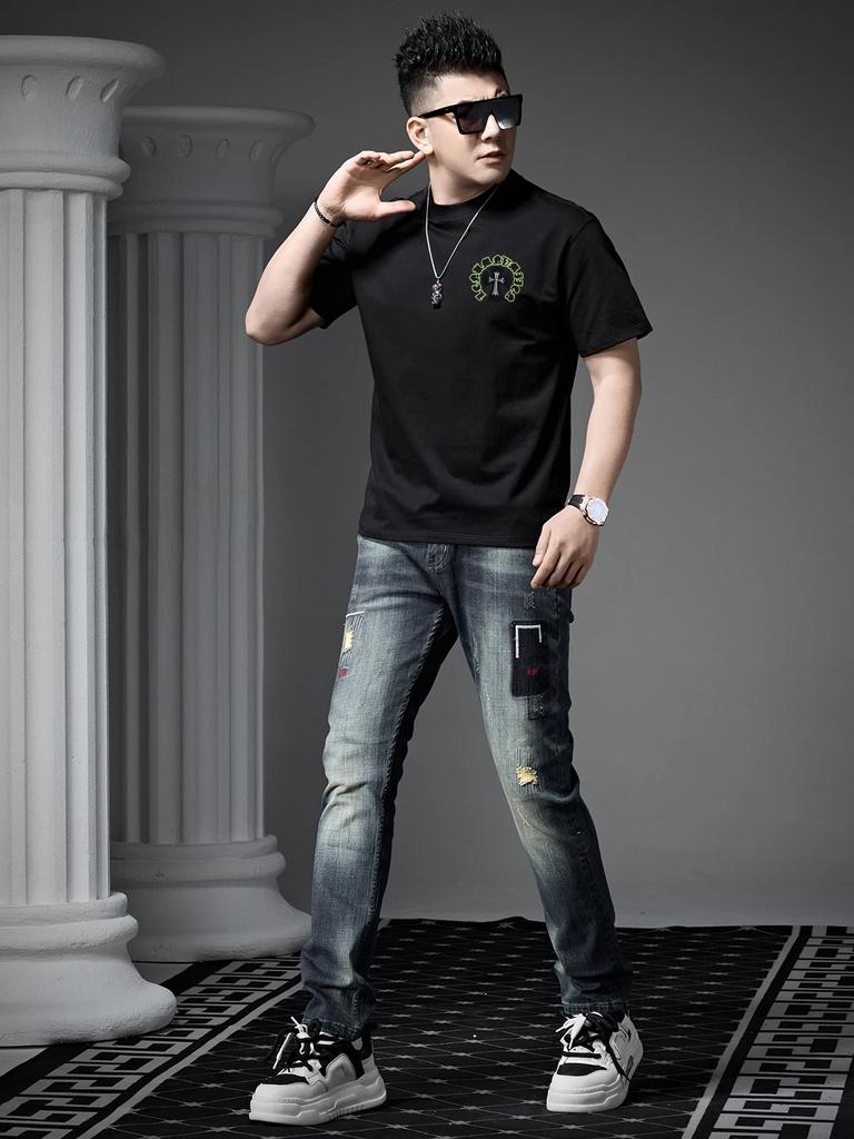 European-Style Round-Neck Short-Sleeve T-Shirt for Men, Summer 2026 New Trendy Brand with Heavy Embroidery, Casual Half-Sleeve Top
