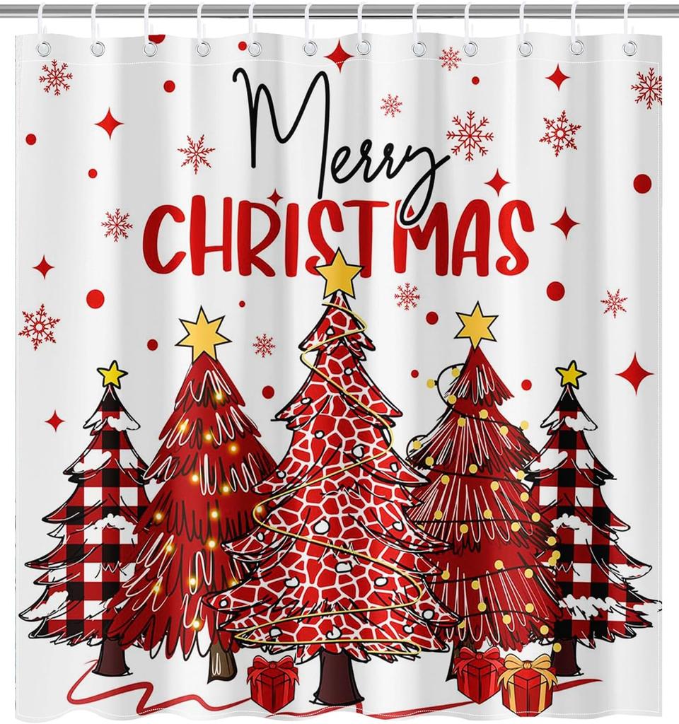 Merry Christmas Shower Curtain Xmas Tree Winter Snowflake Star Pine New Year Bath Curtains Fabric Bathroom Decor with Hooks
