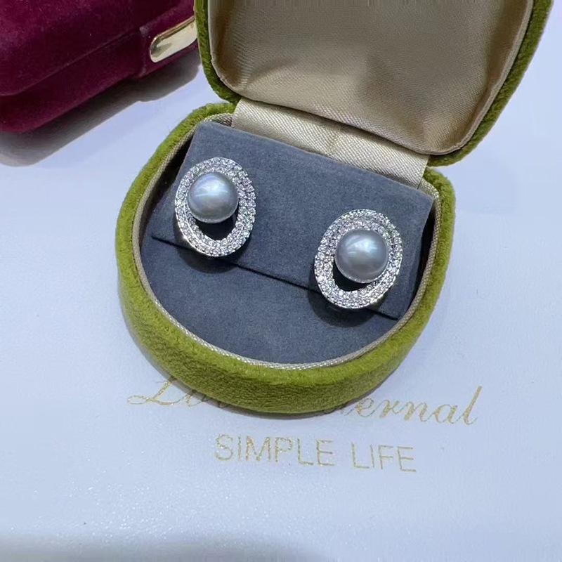 Pearl Earrings with Diamonds & Sterling Silver S925 Needle