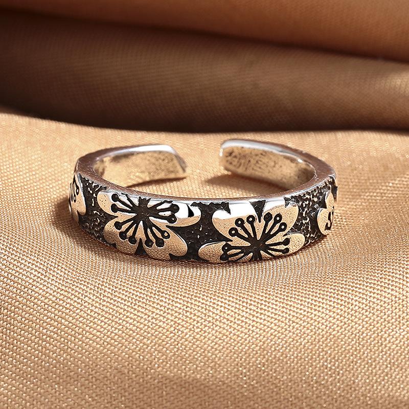 2026 Chinese Style Retro Niche Design Cherry Blossom Ring Silver-plated Men's and Women's Personalized Single Opening Adjustable Ring Plain Ring