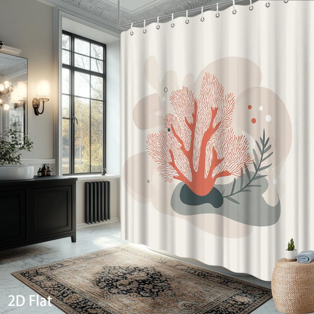 Annier Coral/Orange & Leaf Shower Curtain – Polished Soft Abstract Background, 2D Flat Print, Waterproof Polyester, 12 Hooks