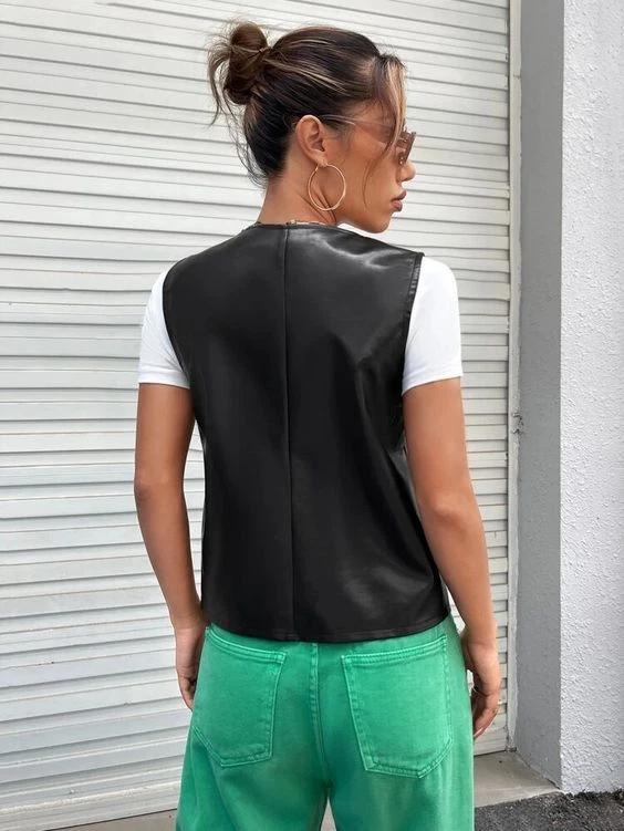 Button Real Leather Waistcoat Black Lambskin Western Vest Coat Women Classic
