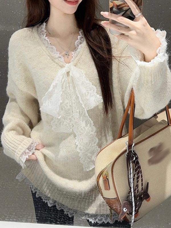 Women's Lace Splicing Long-Sleeve Loose Sweater - Cozy, Thick Knit Pullover for Autumn/Winter