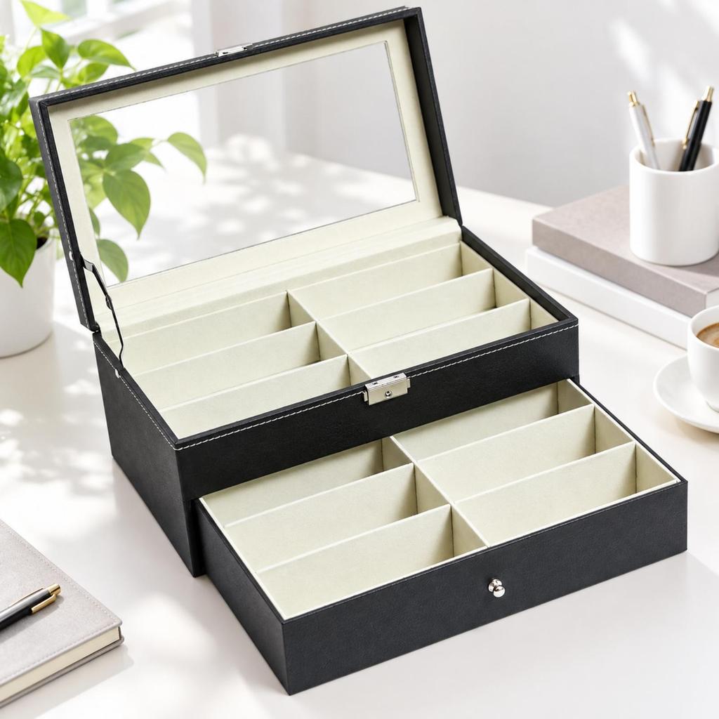 2 Layer Sunglasses and Watch Organizer PU Leather TwoTier Eyewear Storage Box Transparent Top