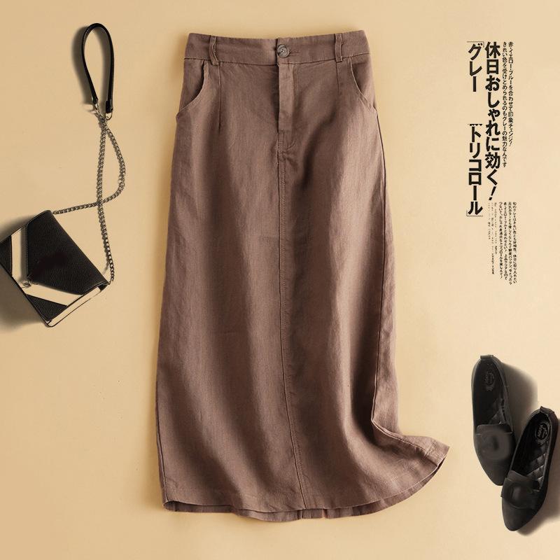 Women Retro Natural Linen Long Skirt Ladies Office Daily Straight Skirt With Pockets