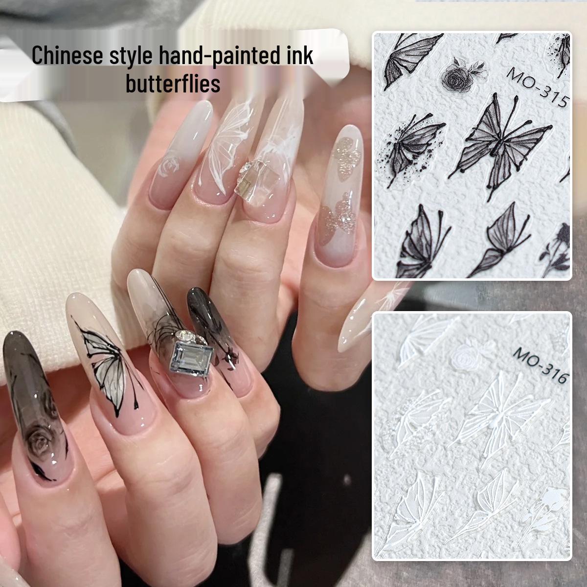 

3D Chinese Ink Wash Rose & Butterfly Nail Stickers – Embossed Hand-Painted Decals