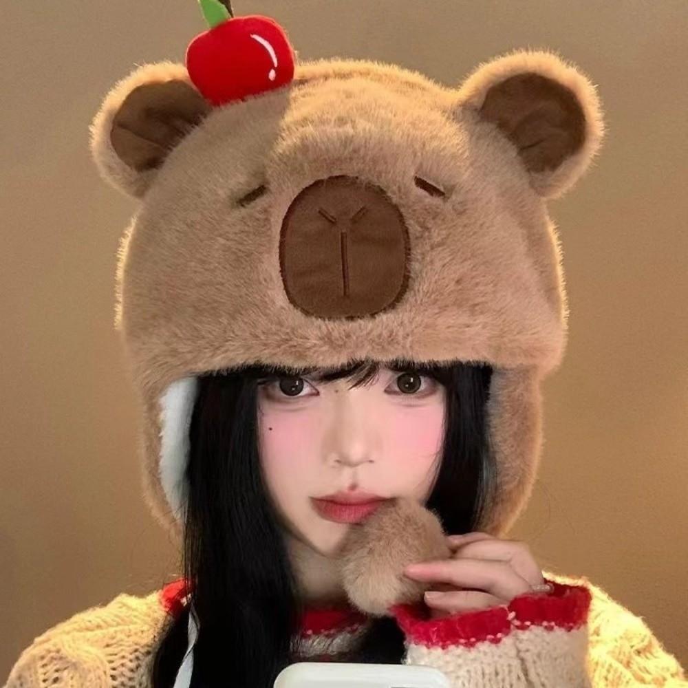 New Windproof Bonnet Cap Coldproof Warm Pullover Hat Plush Capybara Fluffy Ear Protection Cap Women
