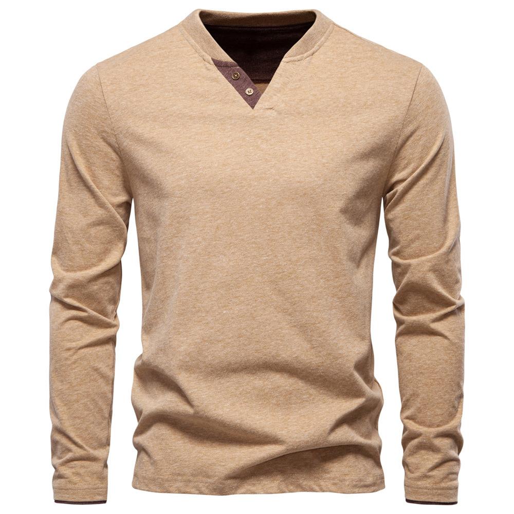 2025 Autumn New Men's Fashion Color Cotton Solid Color Long Sleeve T-shirt V-neck Casual Men's Top T-shirt