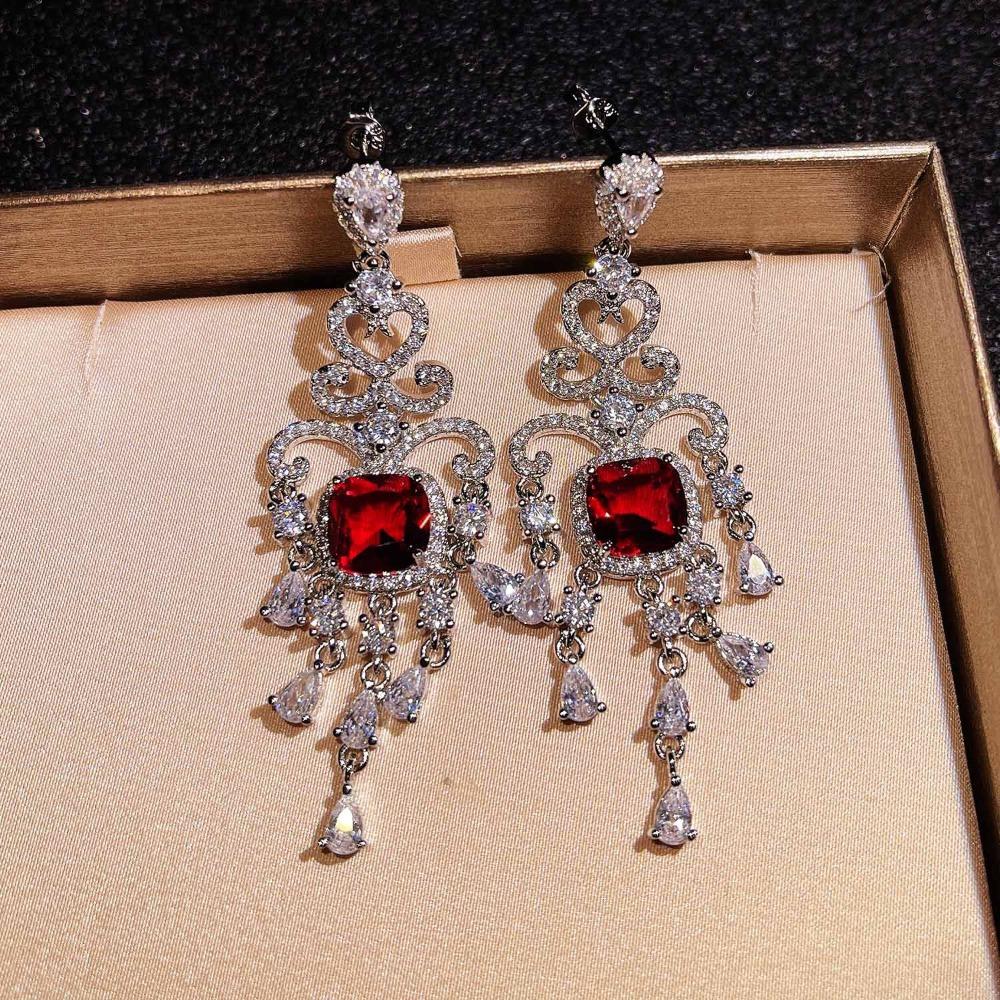 Luxury Bohemian Full Diamond Earrings Vintage Fringe Ruby Drop Earrings for Wedding Party Evening