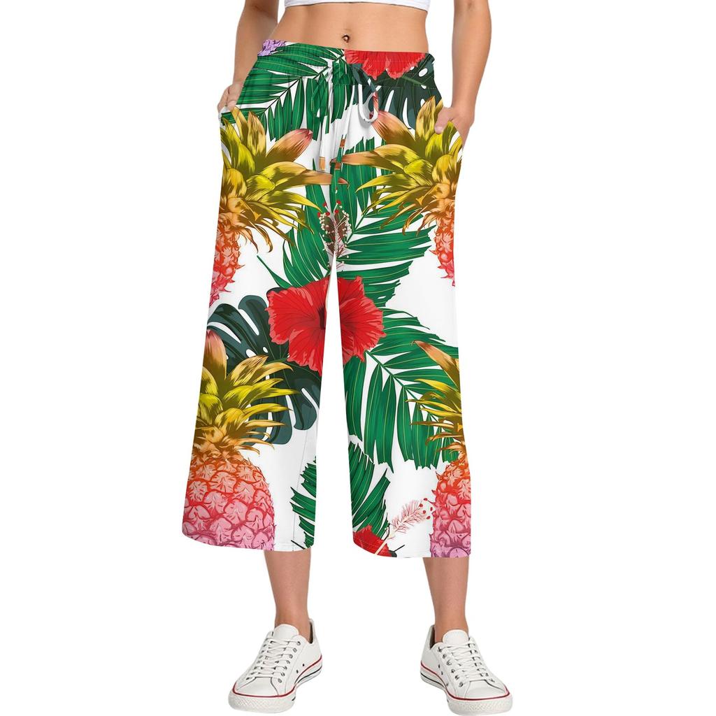 Damen Sommer Hohe Taille Bedruckte Freizeit-Sportbekleidung Lässige Cropped-Hose Weite Hose