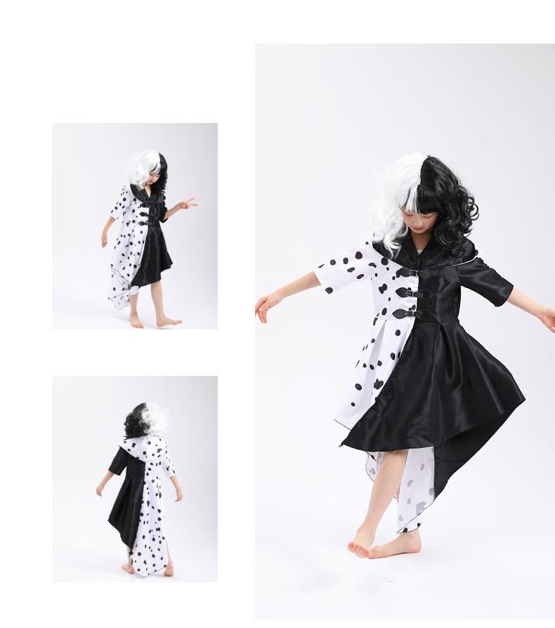 101 Dalmatians Cruella De Vil Black & White Spotted Dress Costume for Stage Performance