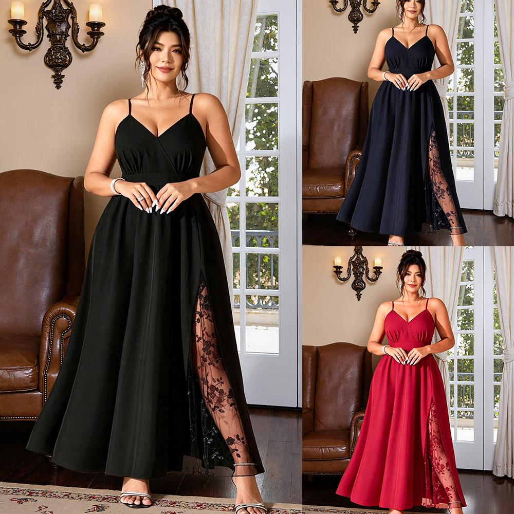 Women Plus Size Solid Color A Line Maxi Dress V Neck Wrap Floral Mesh Slit Wedding Guest