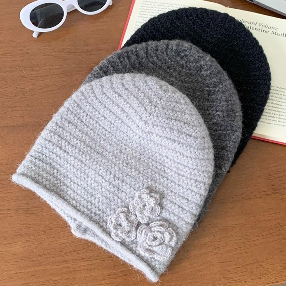Elastic Knitted Woolen Hat Solid Color Flower Beanie Hat Personality Winter Warm Hat Girl