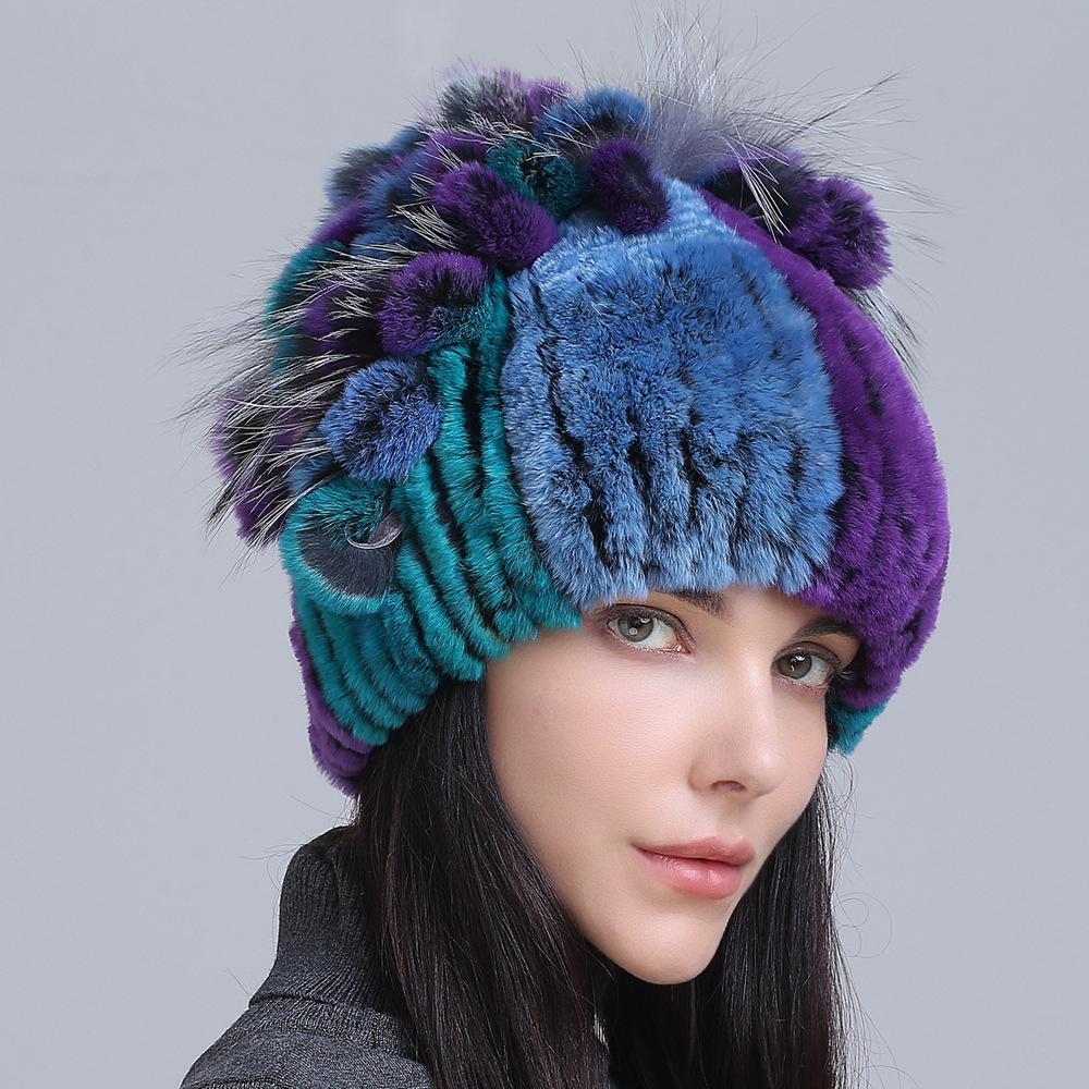 Winter Women's Warm Fashion Thick Wool Hat Rex Rabbit Fur Hat Knitted with Side Flower Hat