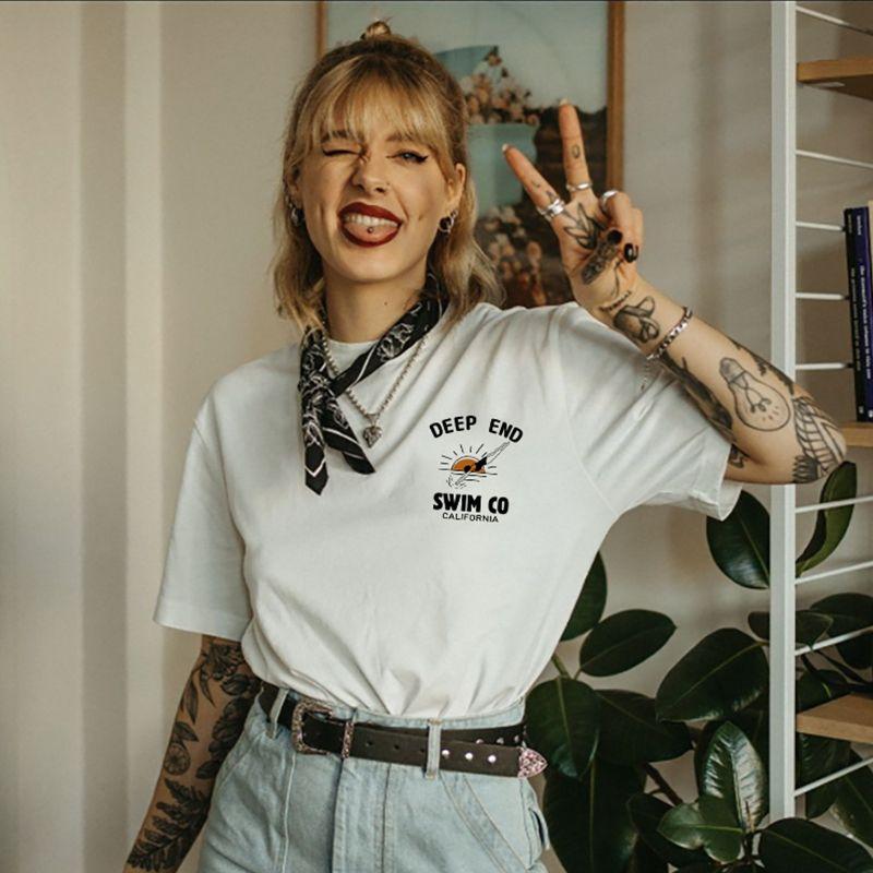 Swim Co American vintage Niche Design Diving Print Sports Girl Casual Cotton Shoulder Short sleeve T-shirt Women