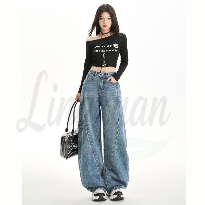 

New American Retro Wide-Leg Casual Pants with Pocket Design S