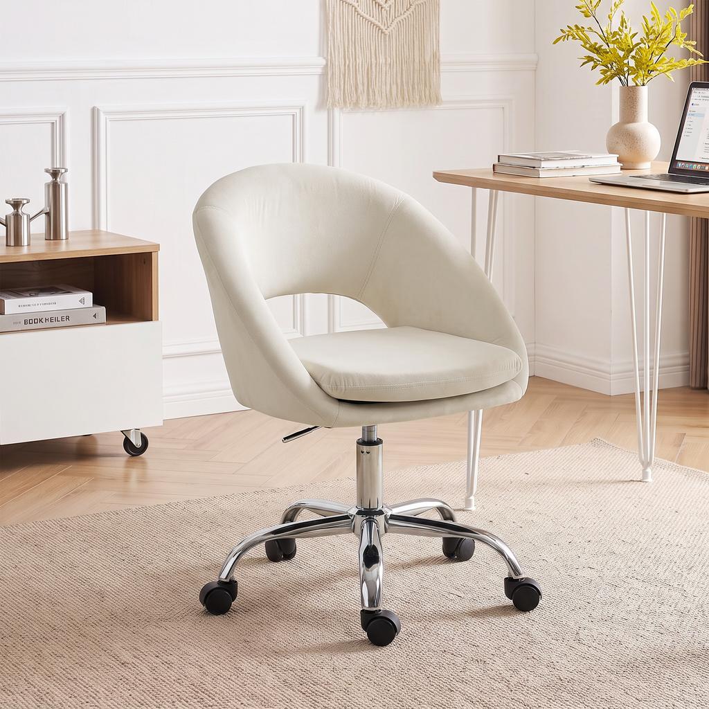 Velvet Desk Chair, Modern Office Chair with Height-Adjustable, Wheels, for Home Study Bedroom, Cream
