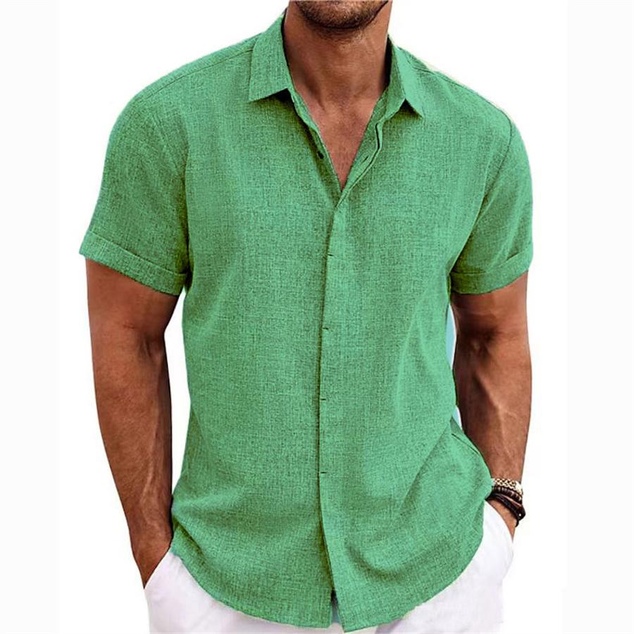 

Мужская льняная рубашка с коротким рукавом европейского размера, свободные однотонные мужские топы большого размера 2XL зелёный
