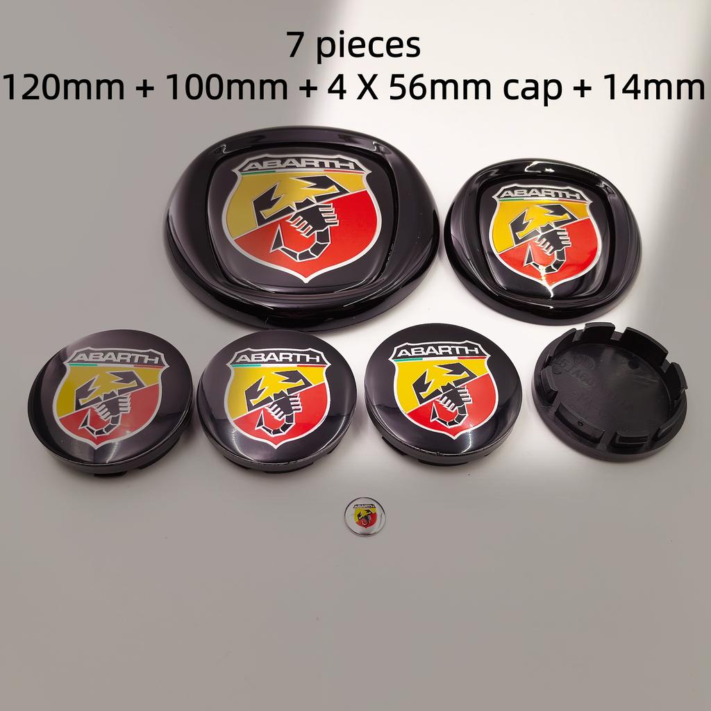 8pcs fiat Abarth Car Front grill front Rear Bumper tail door trunk Emblem 85/95/100/120mm Wheel Center Hub Cap Badge Rim Cover