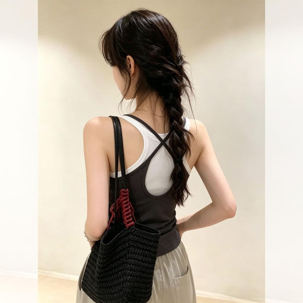 Wind Korean vest women summer wear beautiful back cross suspenders wear seaside fake two-piece top Spice girl new