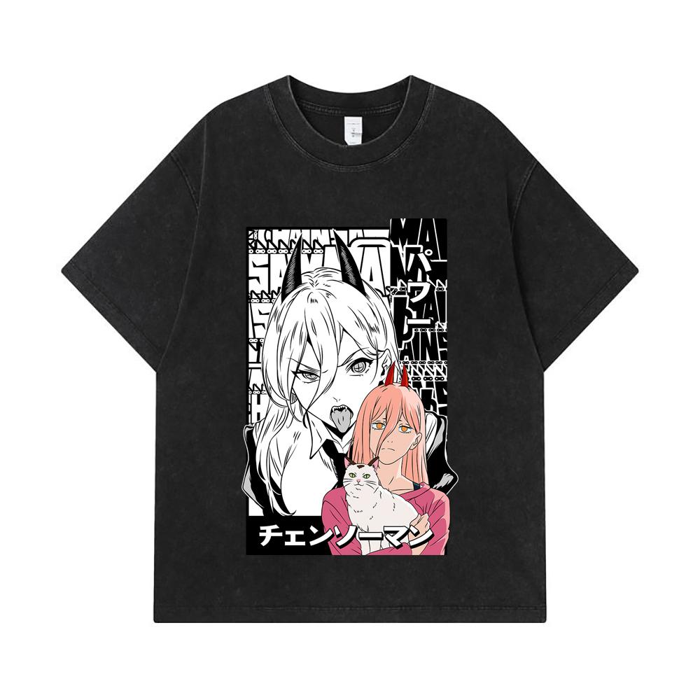275 GSM Washed T-shirts 100% Cotton Chainsaw Man V57 Power Print Unisex Heavy Cotton T Shirt