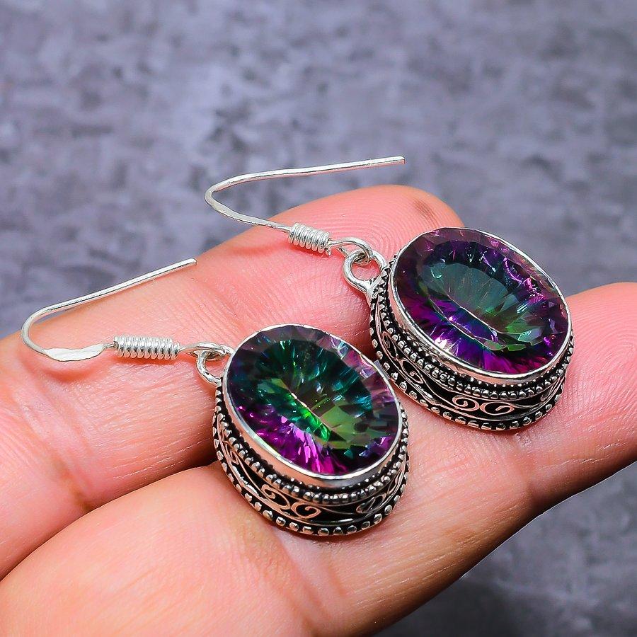 Mystic Topaz Handmade 925 Sterling Silver Jewelry Earring 3.7 R6R71