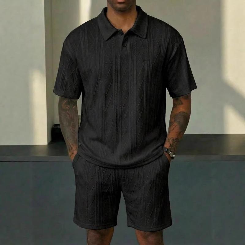 Men Cable Knit Texture 2 Piece Outfit Short Sleeve Polo Shirt And Casual Shorts Set