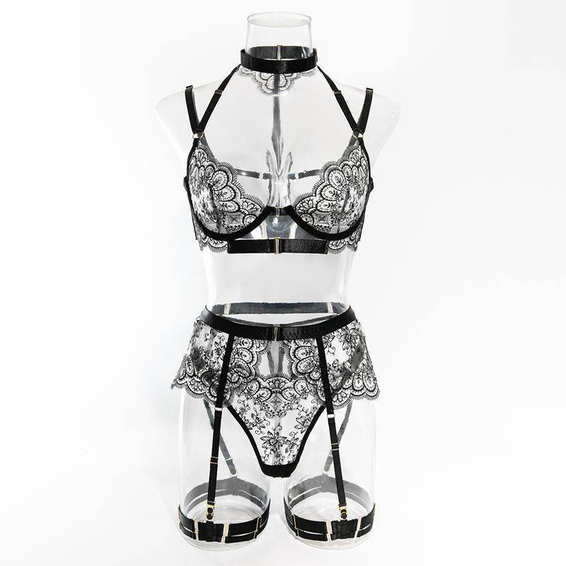 Toucheart 5 Piece Sexy Embroidery Underwear Set for Women Mesh Patchwork See-through Halter Underwear Garters Sexy Lingerie Set