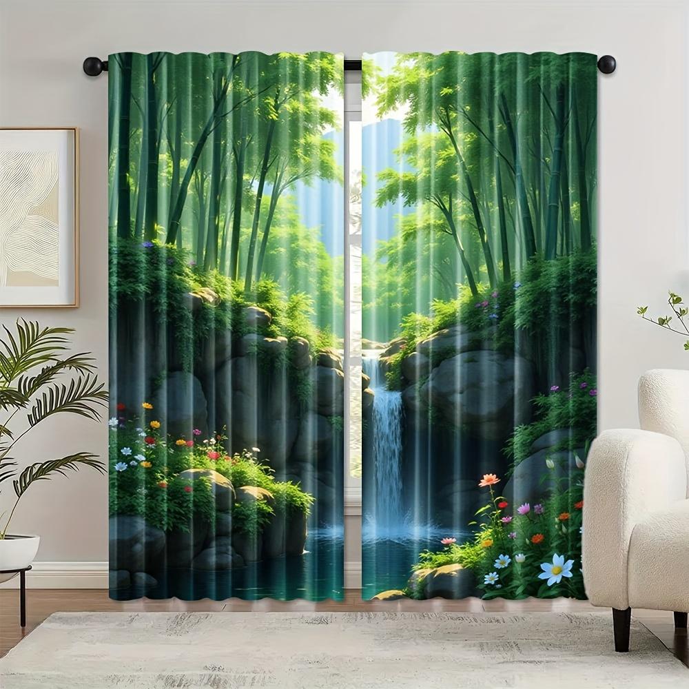 

2Pcs Nature-Inspired Waterfall & Forest Curtains - Rod Pocket, Polyester Fabric, Machine Washable - Serene Greenery & Floral Des 53x116cm 2pc21x46in&Without mount