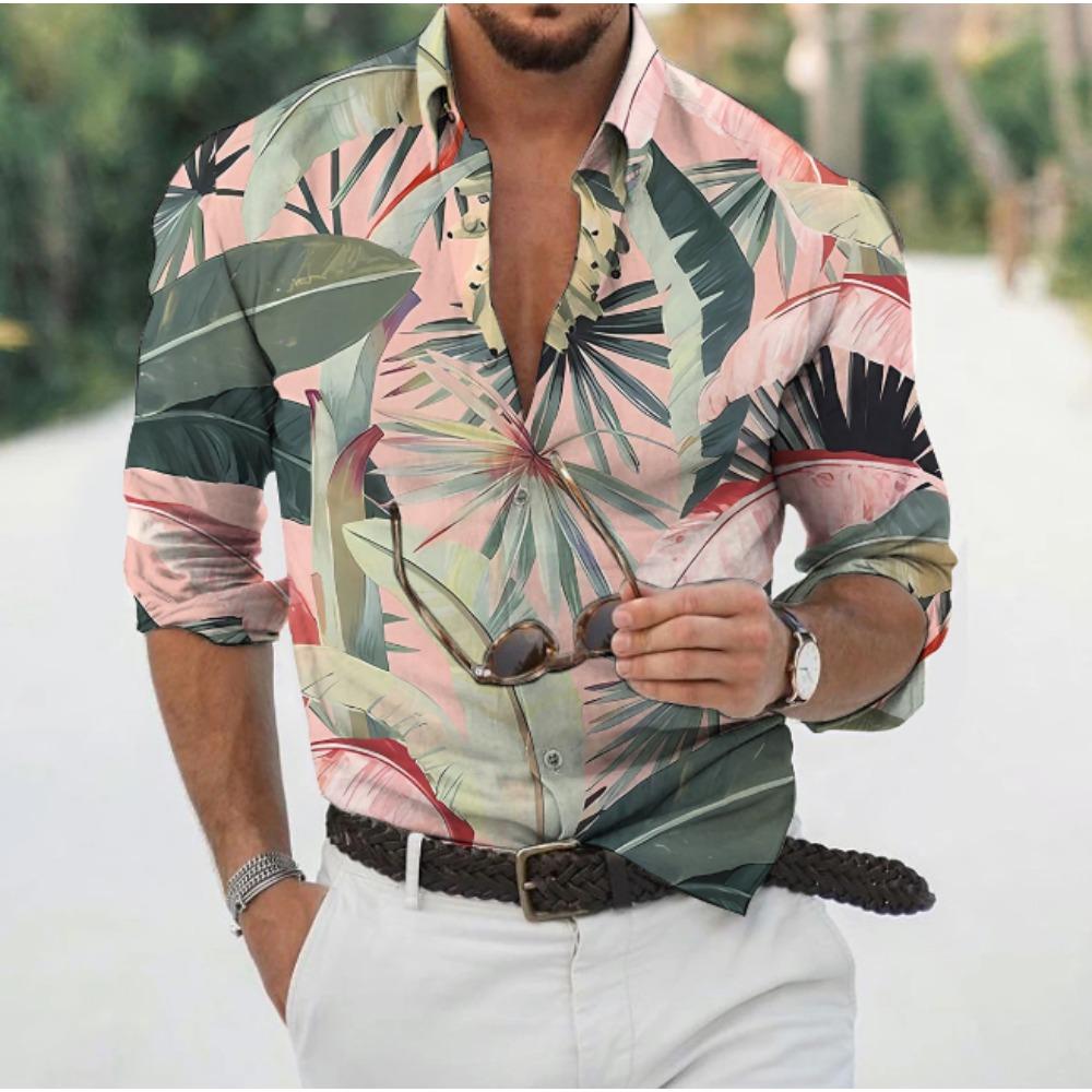 Men's Floral Printed Long Sleeve Shirts Casual Cardigan New Button Holiday Fashion Shirts
