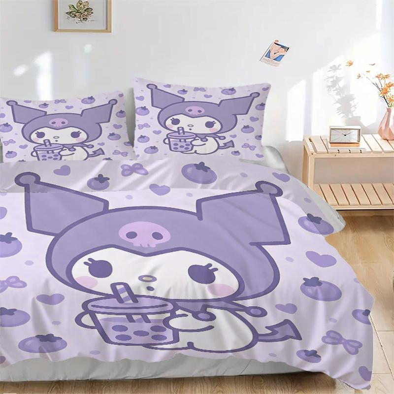 

3pcs Kuromi Drinking a Drink Bedding Set - Includes 1 Quilt Cover and 2 Pillowcases, Comfortable Bedding with Stylish Design for Bedroom H059 135x200cm