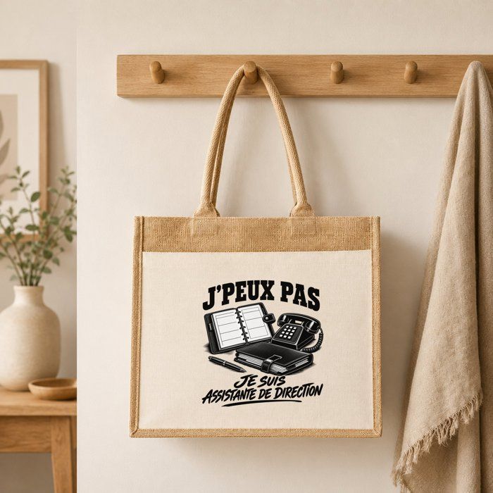 Sac Cabas Jute avec Poche J’peux pas je suis Assistante de direction J'peux pas minimaliste | Toile de Jute et Coton 21 L Fond Plat