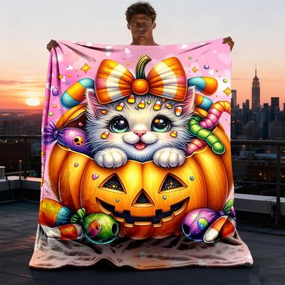 1pc Pumpkin Cat Candy Throw Blanket Polyester Fiber, Lightweight Flannel, Soft & Warm, All Season Use for Outdoor, Camping Digital Print