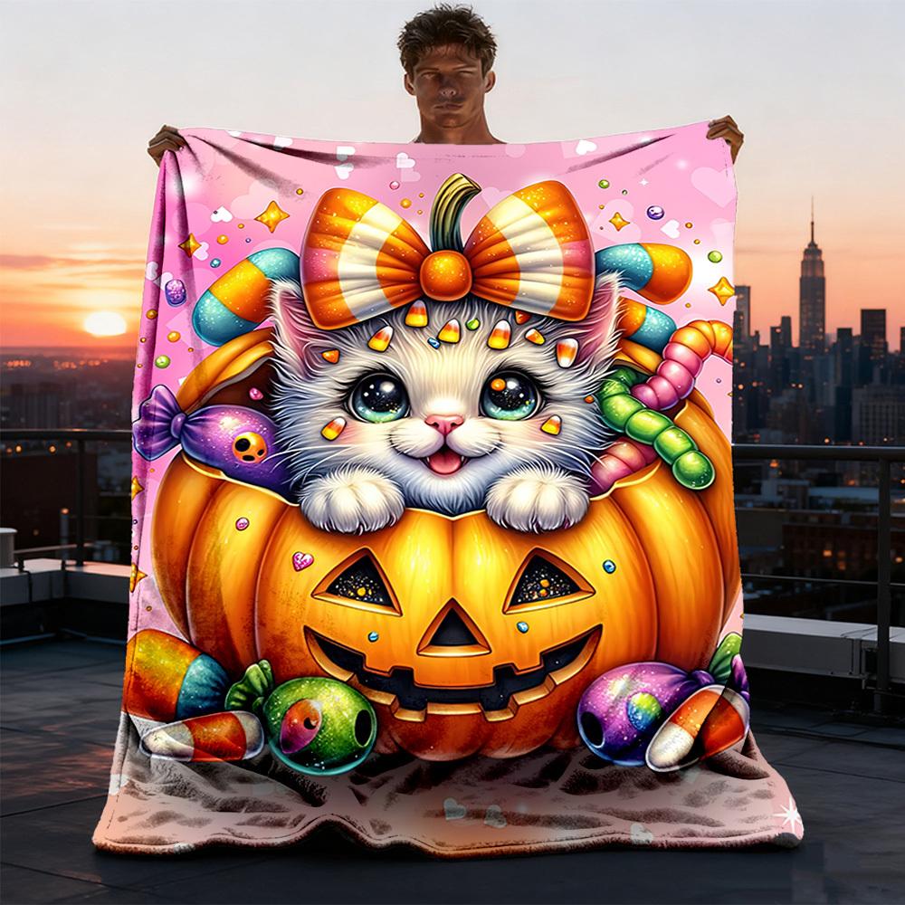 1pc Pumpkin Cat Candy Throw Blanket Polyester Fiber, Lightweight Flannel, Soft & Warm, All Season Use for Outdoor, Camping Digital Print
