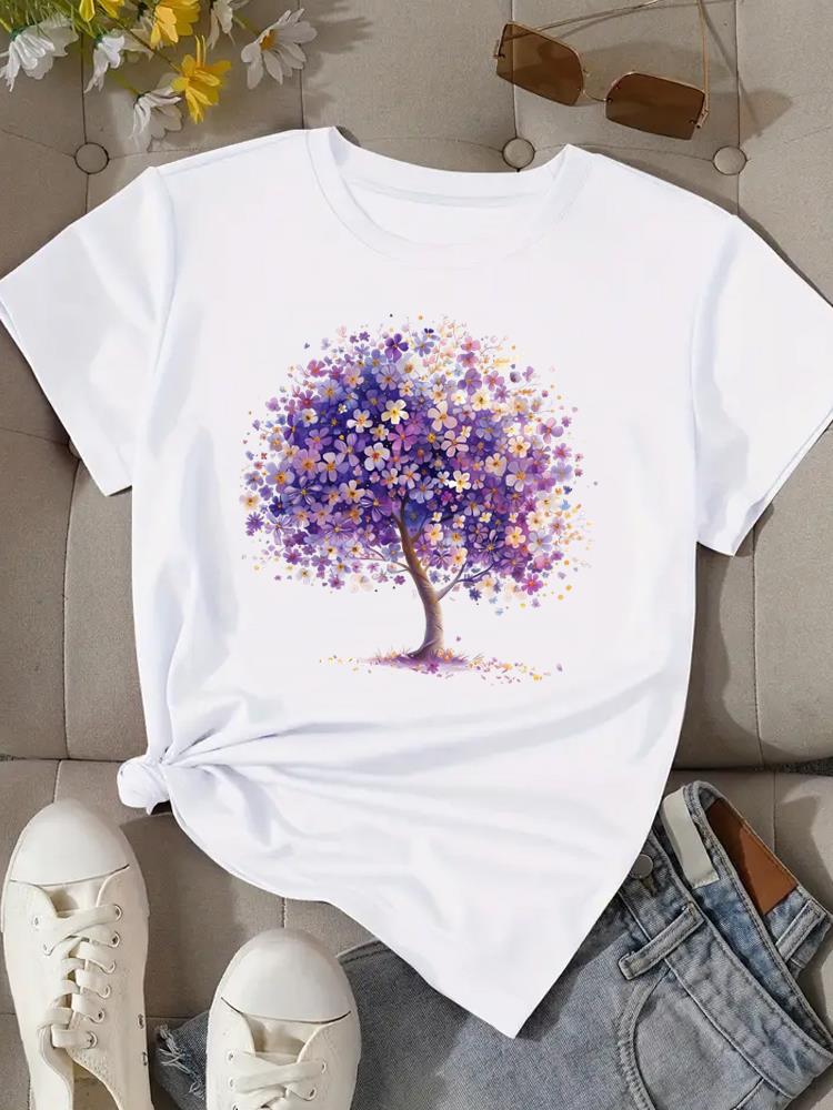 (Asian Size) Flower Watercolor Cute Women Clothing T Shirt Woman Top Fashion Female Short Sleeve Graphic T-shirts Print Tee