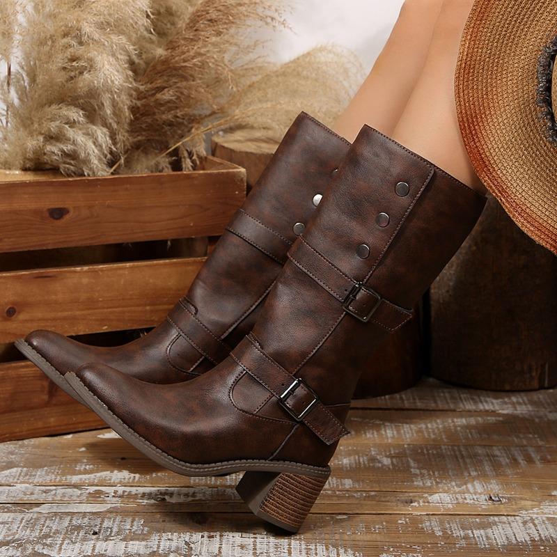 

Western Boots Fashion Pointed Toe Sleeve Studded Belt Buckle Non-Slip Wear-Resistant Block Heel 36 коричневый