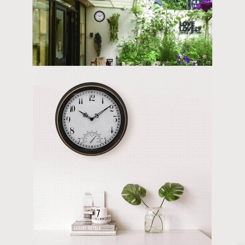 62KD 12inch Retro Wall Clock Thermometer Hanging Time Clock Decorative Crafts