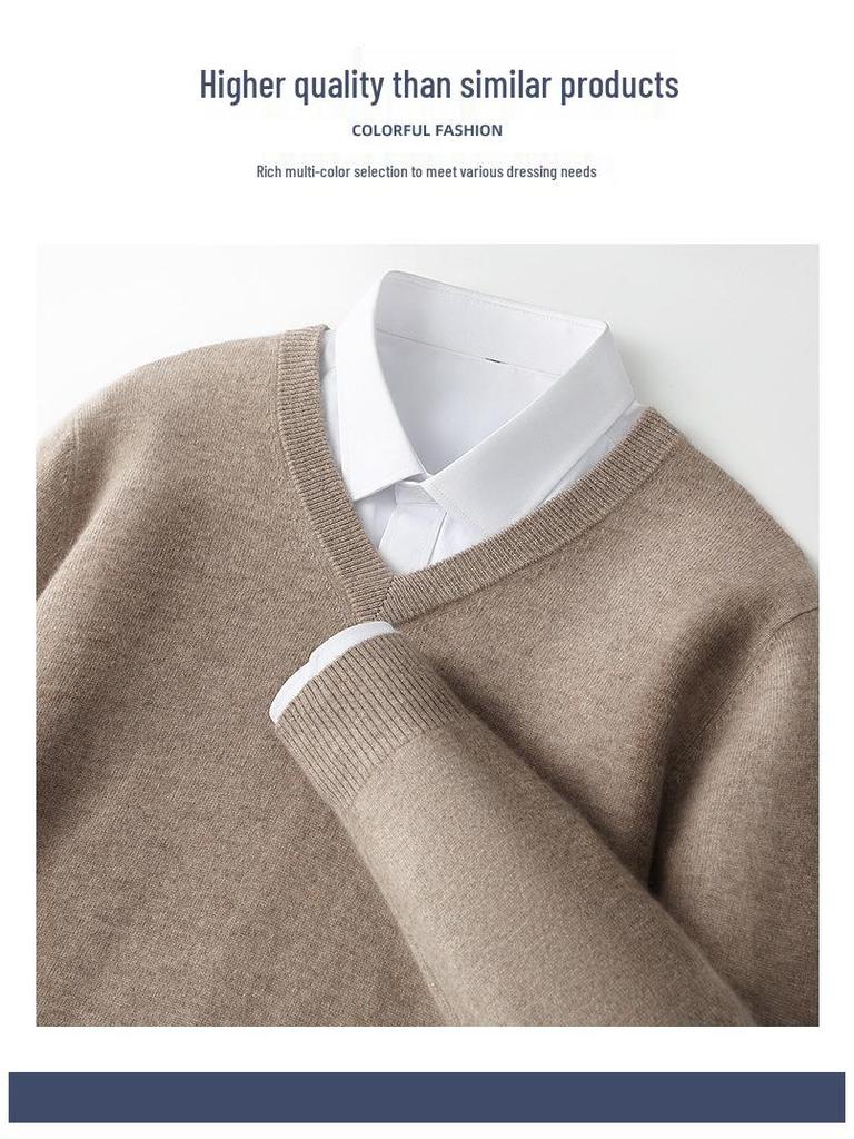 Men's V-Neck 100% Pure Wool Sweater - Solid Color, Short/Long Sleeve, Cashmere Knit Base Layer for Autumn/Winter