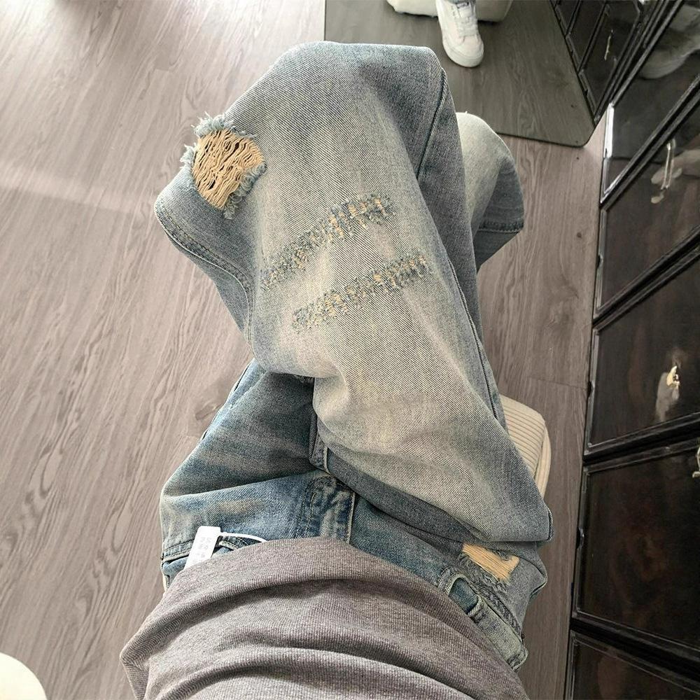 Fashionable Comfortable Jeans Women Broken Hole Smaller Straight Large Yard High Waist Drag Floor Wide Leg Long Pants Jeans for Women Long Denim Pants