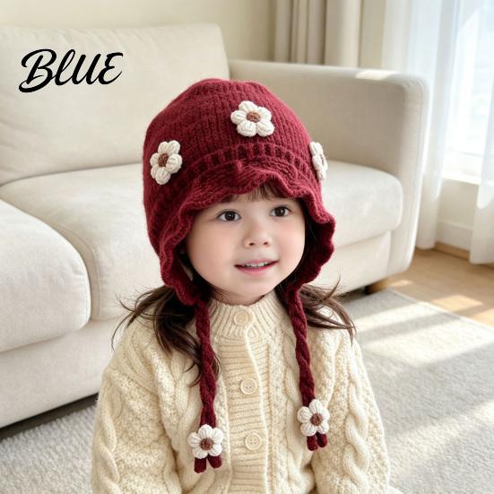 Fashionable Wavy Lace Brim Hat Baby Winter Woolen with Floral Decor Windproof Warm Knitted Toddler Girl Gift for Hat Ear Protection Cap Autumn