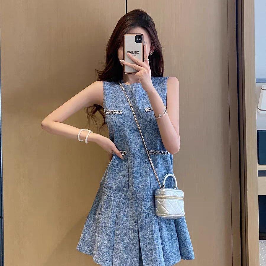 2026 New Women s Chic Blue Pleated Vest Dress - Petite Straight Cut Summer Style S
