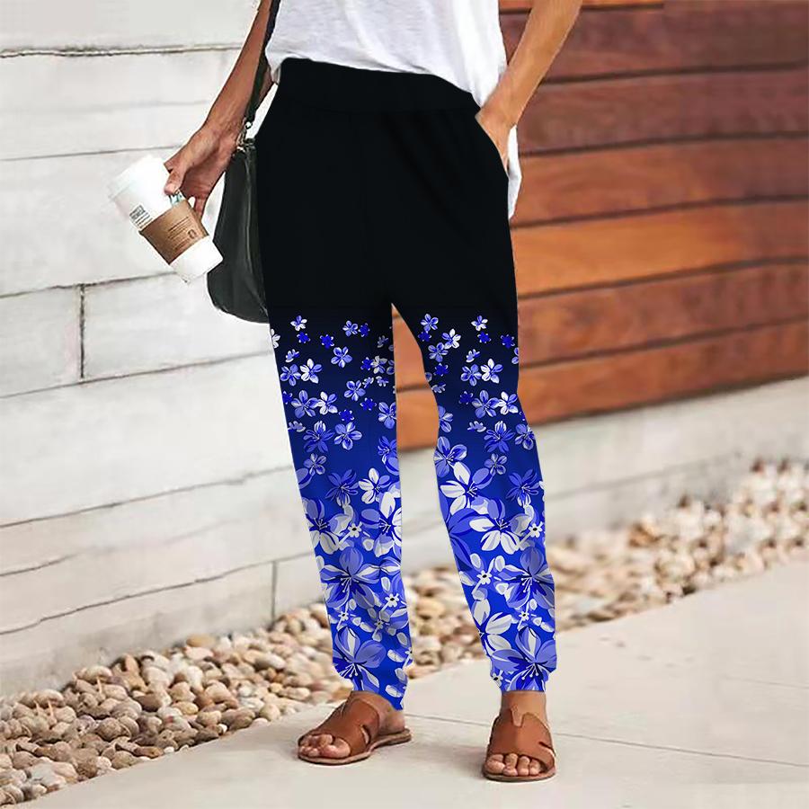 Women Flower Printing Pants Lace Up Elastic Waist Loose  Trousers Casual Long Pants Trousers with Pockets
