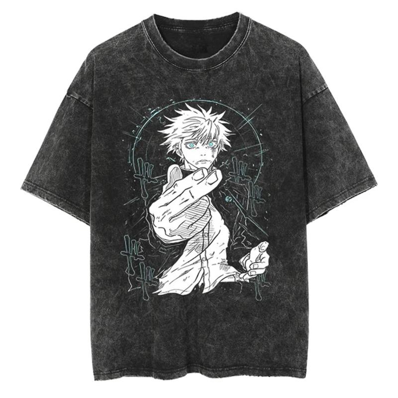 

Летняя хлопковая футболка с принтом Jujutsu Kaisen, выстиранная под старину, Харадзюку, графические футболки с Годжо Сатору, харадзюку 3XL