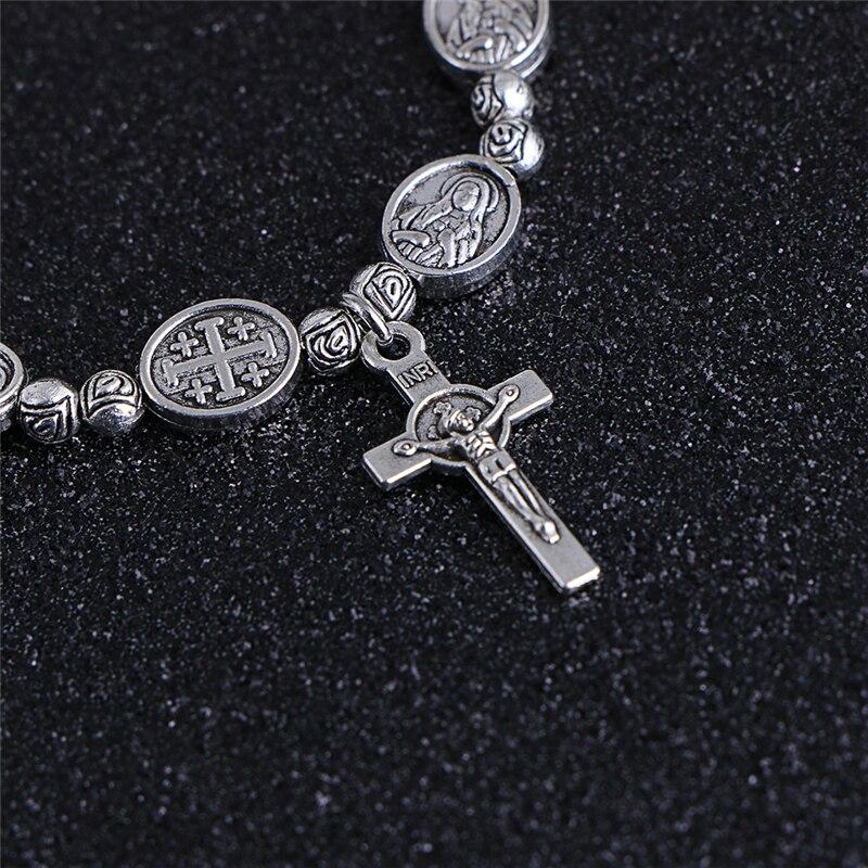 Handmade Rosary Bracelet Elasticated Metal Bracelet  Round Rose Alloy Beads Catholic Saints Images Prayer Bracelets