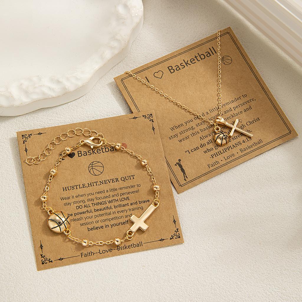 Trendy Basketball Cross Necklace and Bracelet Set