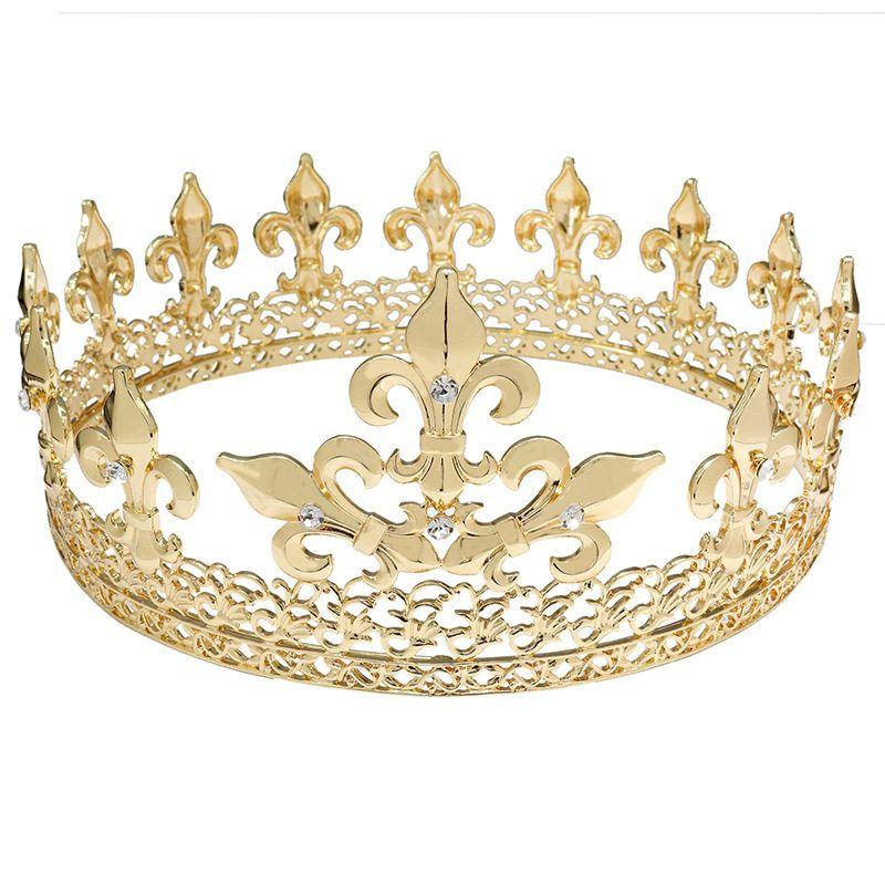

Fashion Retro Baroque Style Crown Golden Pointed Shape Large round Diamond Inlaid Crown Men s and Women s Neutral Headdress Golden Round Crown